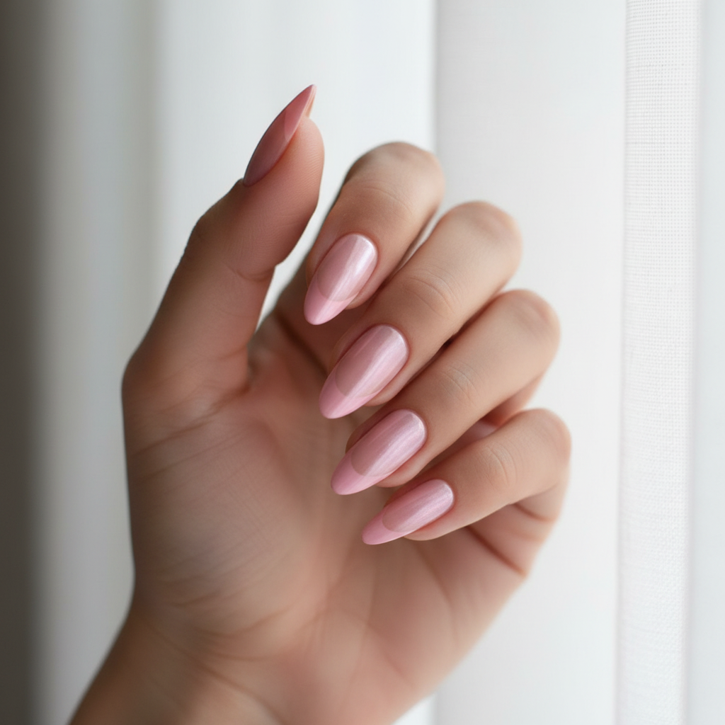 Hand with pink french tip french kiss clawture press on nails on a white background