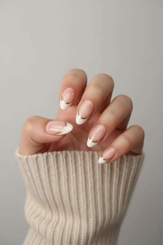 Hand with stylish nail design wearing a beige sweater against a neutral background golden touch clawture press on nails