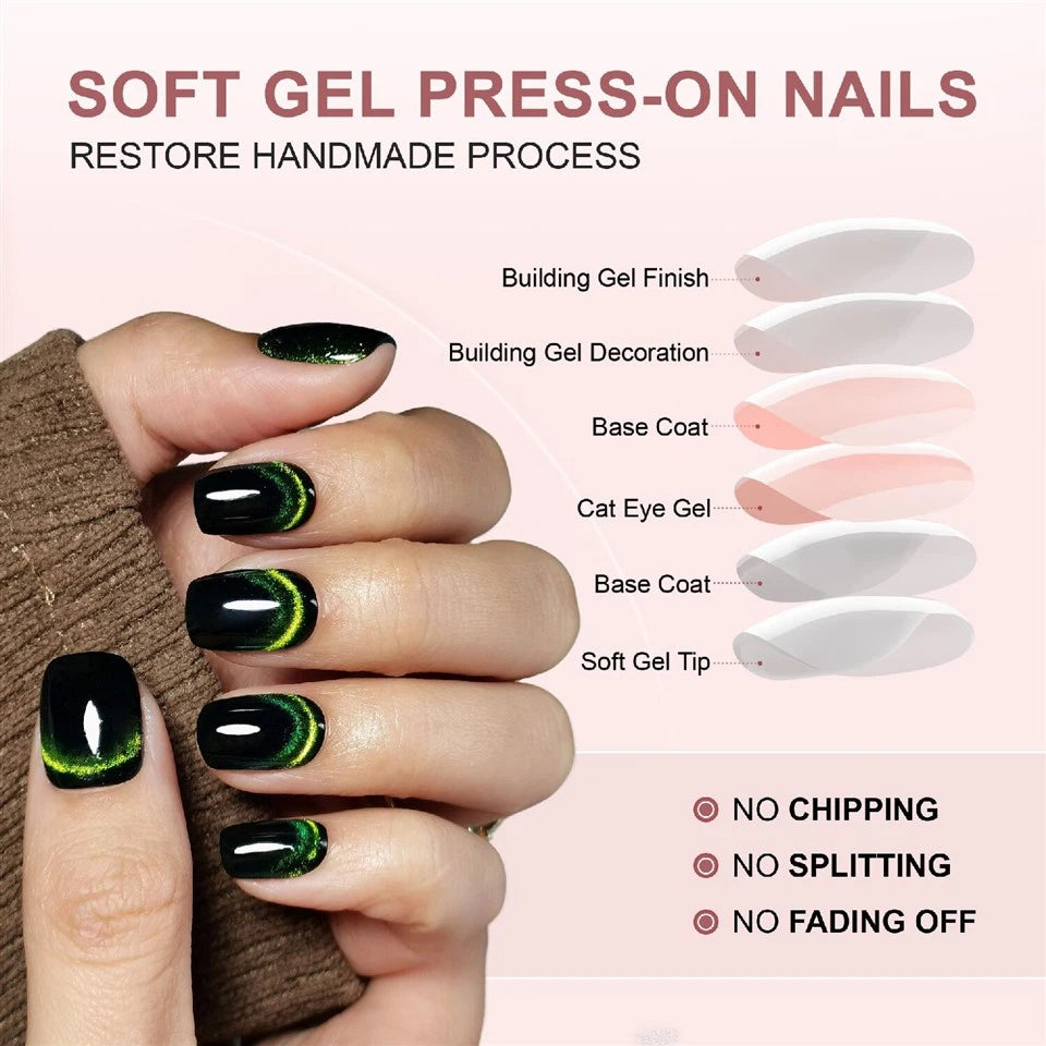 Hand with green and black gel nails and soft gel press-on nails displayed on a pink background.