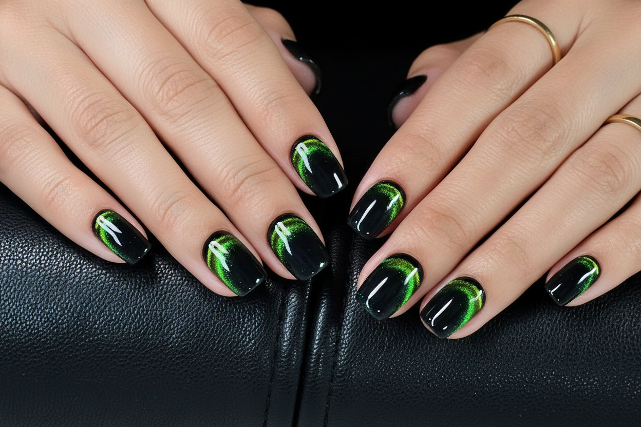 Close-up of hands with black and green nails on a dark background clawture hidden emerald press on nails