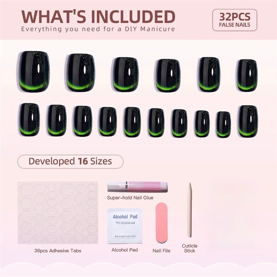 Set of 32 hidden emerald clawture press on false nails with nail care tools on a pink background