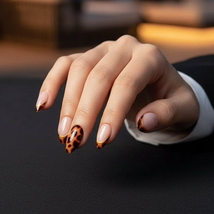Hand with Clawture leopard print press on nail design on a dark background