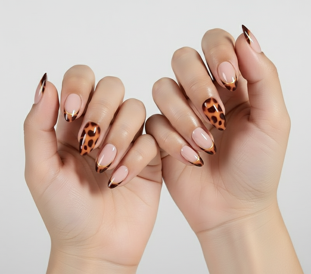 Two hands with Clawture leopard press on nails on a white background