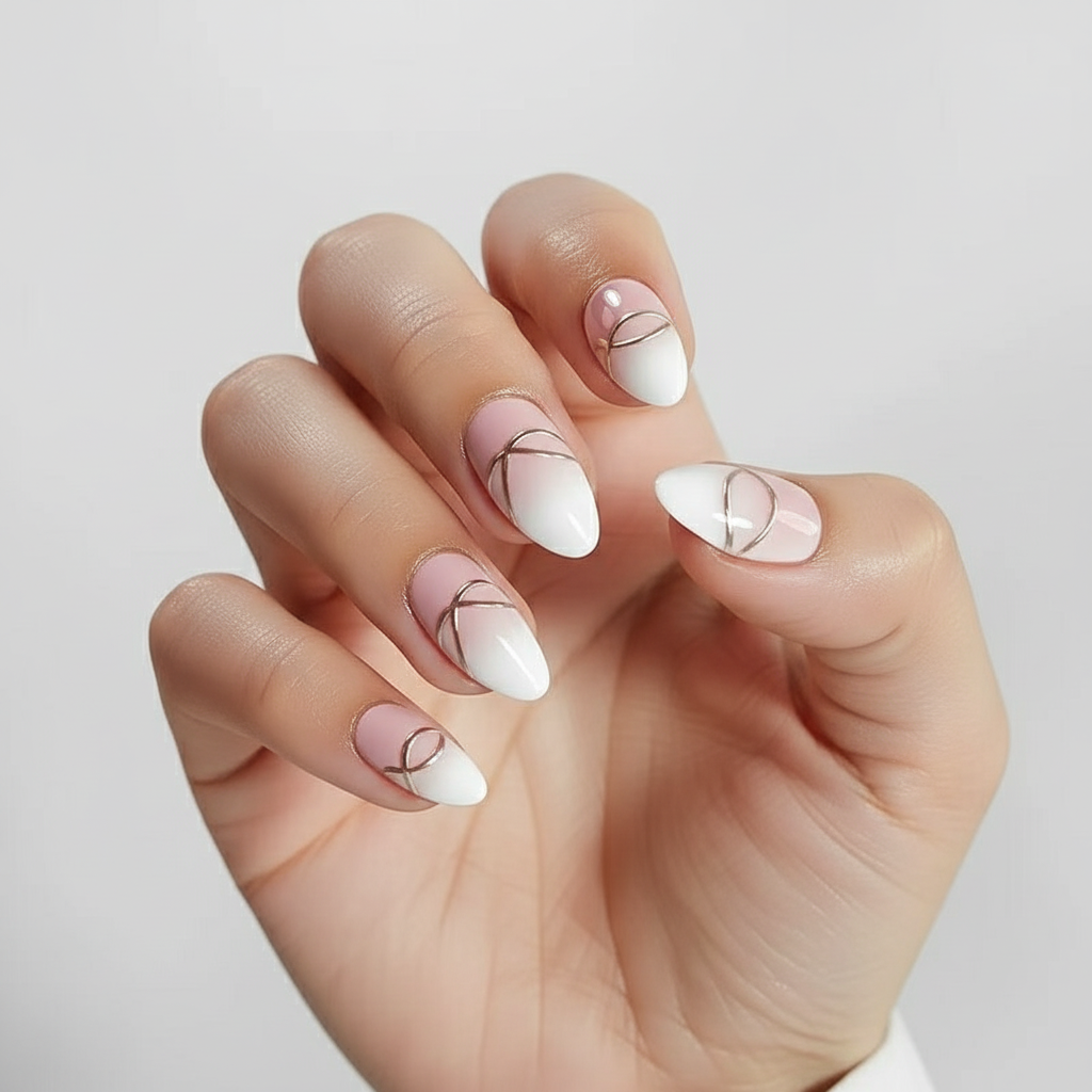 Hand with silver, pink and white Clawture Luxury Lines press on nails on a light gray background.