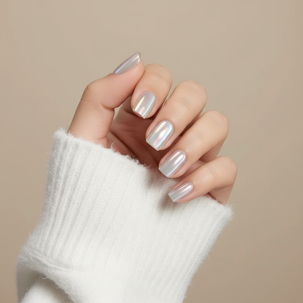 Hand with silver moon glaze clawture press on nails close up wearing a white sleeve against a beige background