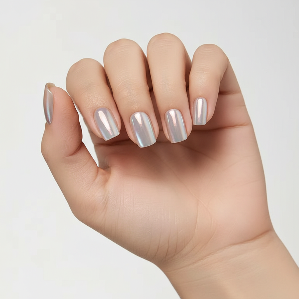Hand with silver shiny pink moon glaze clawture press on nails on a plain background
