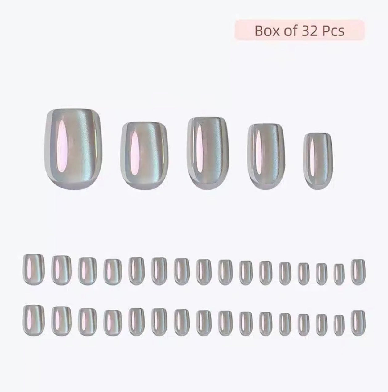 Set of 32 silver moon glaze clawture press on nails on a white background