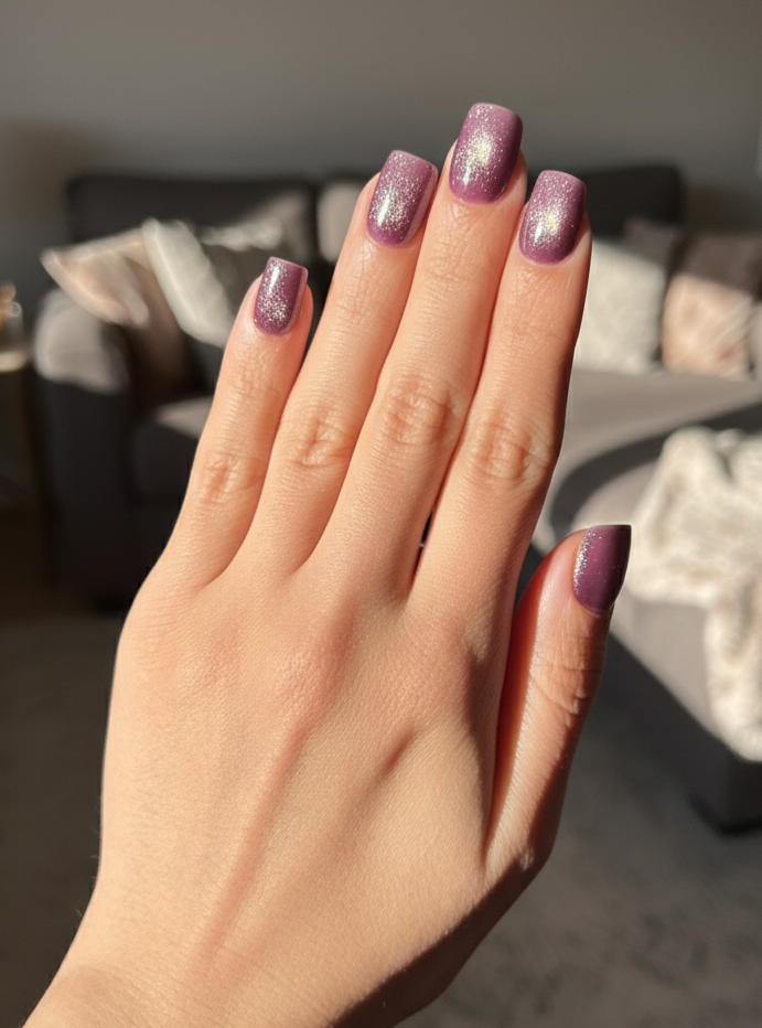 Hand with glittery purple mystique clawture press on nails in a blurred indoor setting