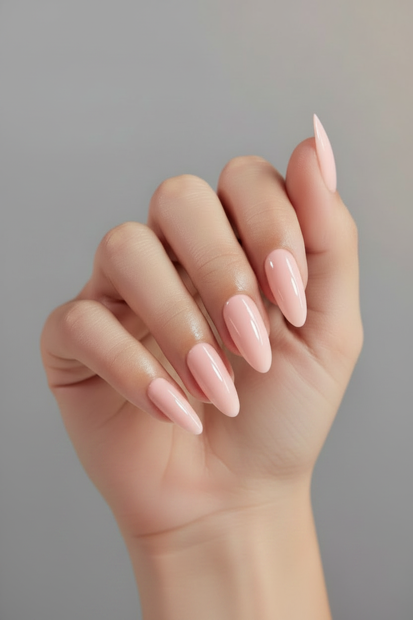 Hand with nude glam clawture press on false nails pink nail polish on a gray background