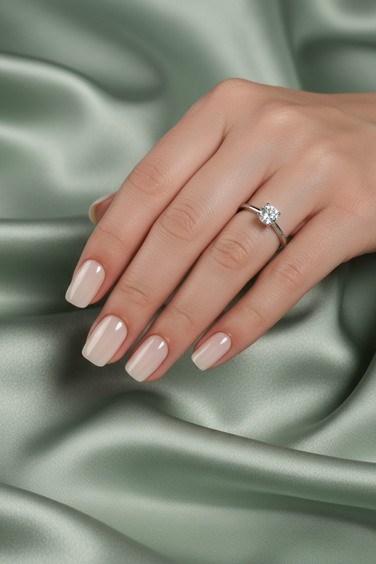 Hand with perla clawture press on false nails wearing a diamond ring on a green satin background