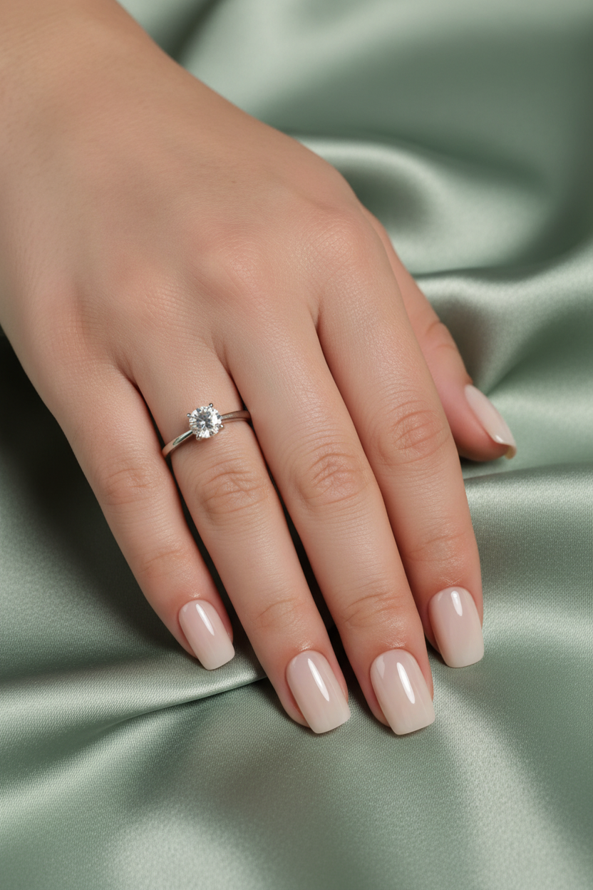 Hand with perla clawture press on false nails wearing a ring with a diamond on a green satin background