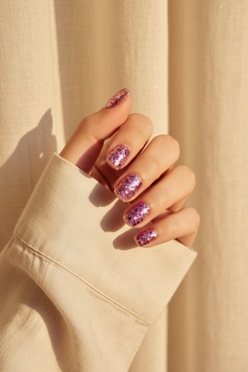 Hand with pink glittery pink disco clawture press on false nails against a beige background