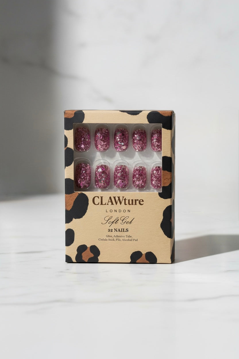 Box of glittery pink disco clawture press on nails CLAWture London false nails on a white background