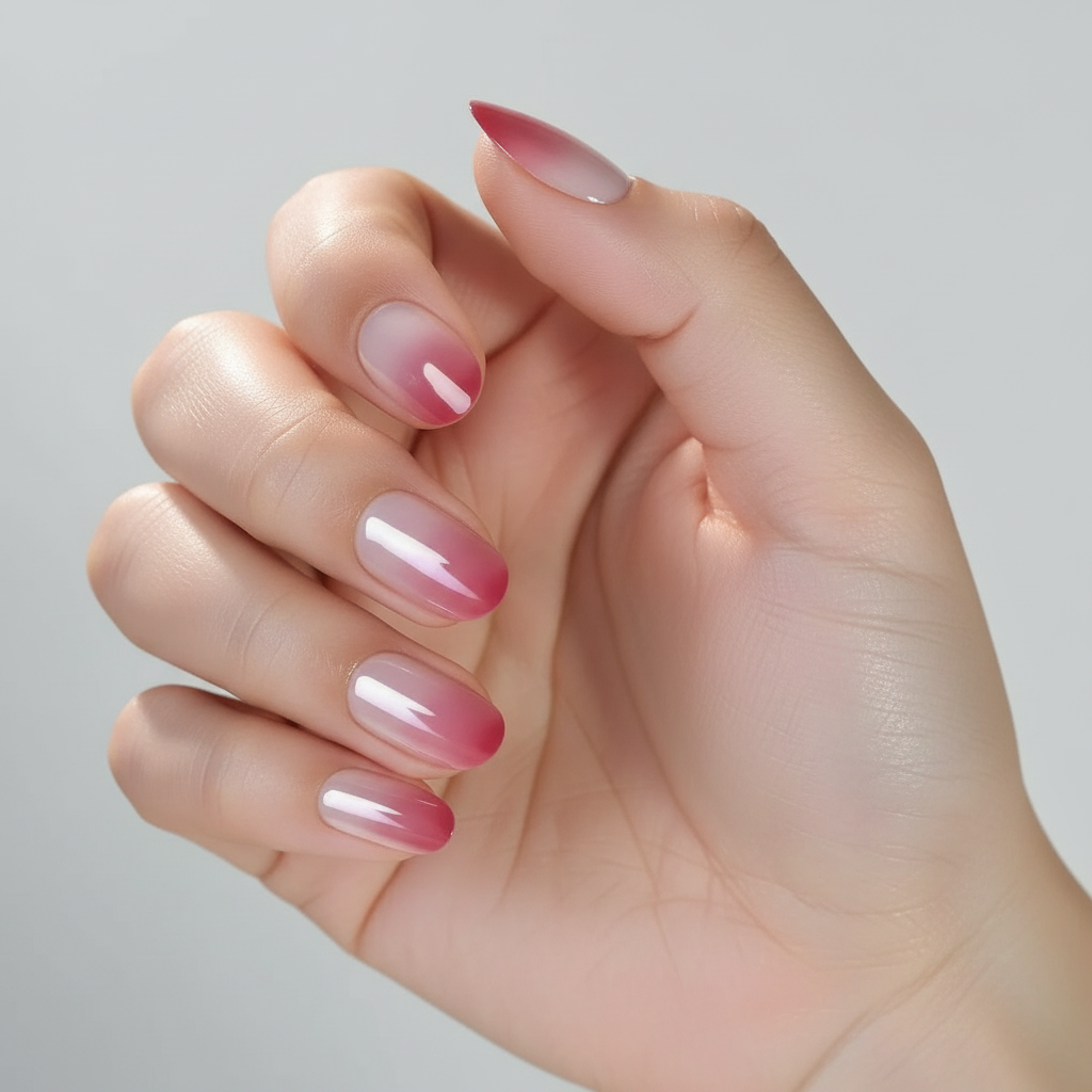Hand with pink ombre pink veil clawture press on nails on a plain background