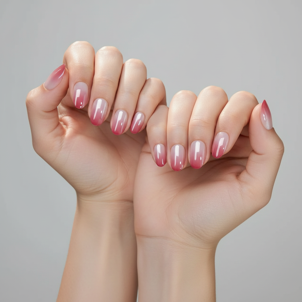 Two hands with pink and white ombre pink veil clawture press on nails on a gray background