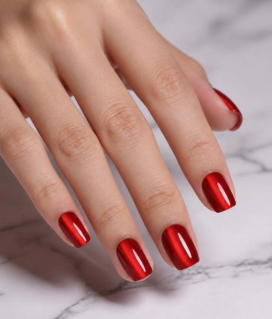 Hand with red cat eye scarlet clawture press on nails polish on a light background
