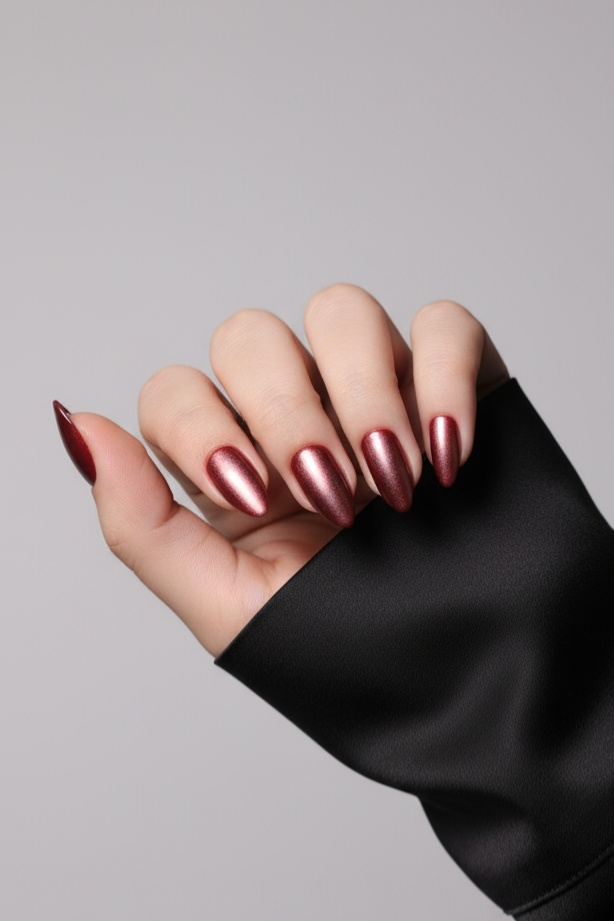 Hand with cat eye effect and holografic secrets of burgundy clawture press on nails on a gray background