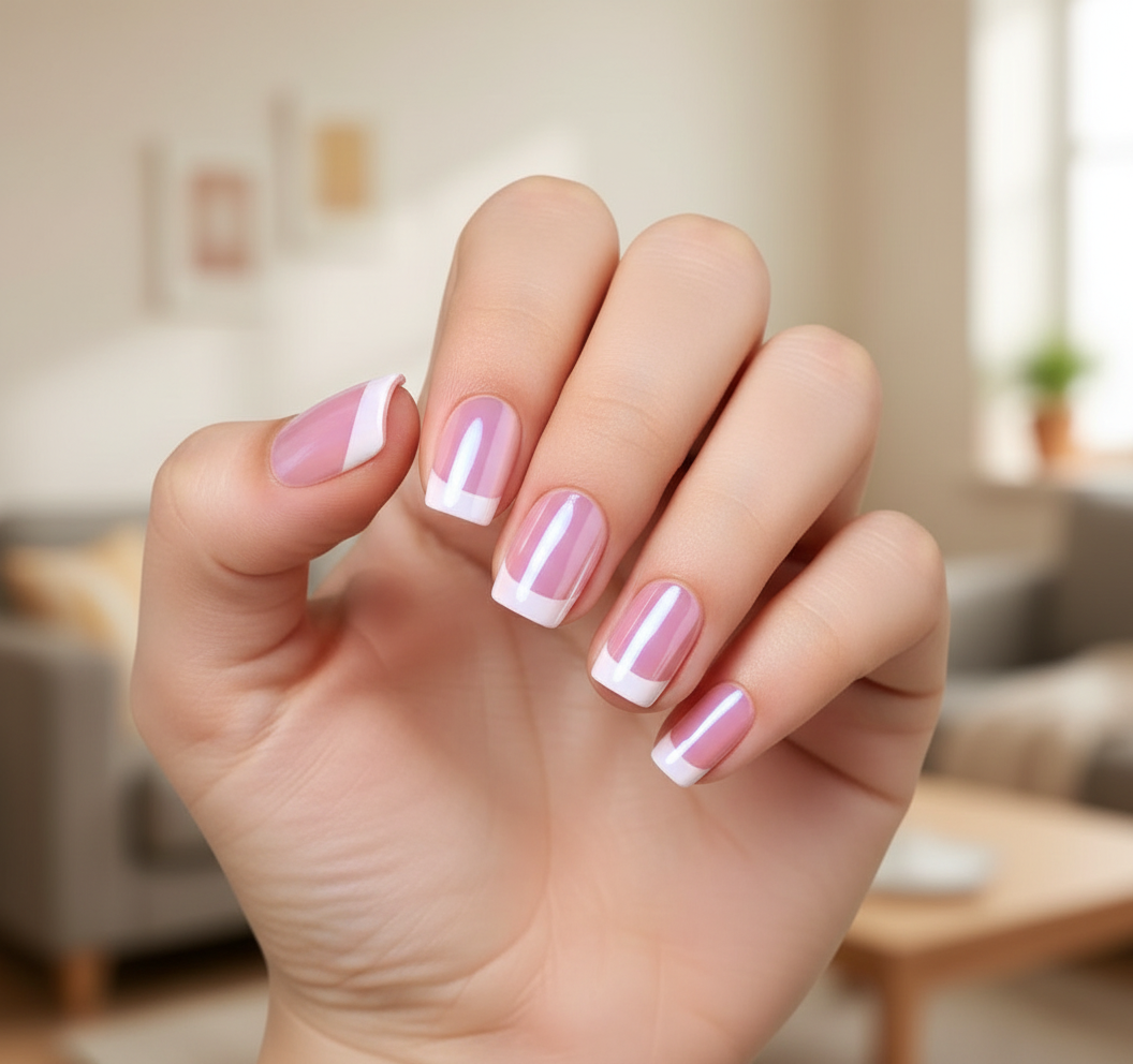 Hand with pink and white sugar blush clawture press on nails in a blurred indoor setting