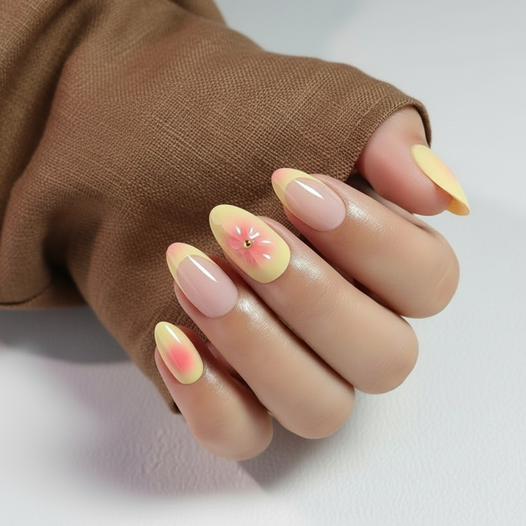 Clawture Sunset Bloom press on nails with a gradient design held by a brown sleeve on a light background
