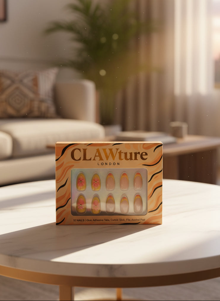 Box of Sunset Bloom CLAWture London press on nails on a table with a blurred living room background