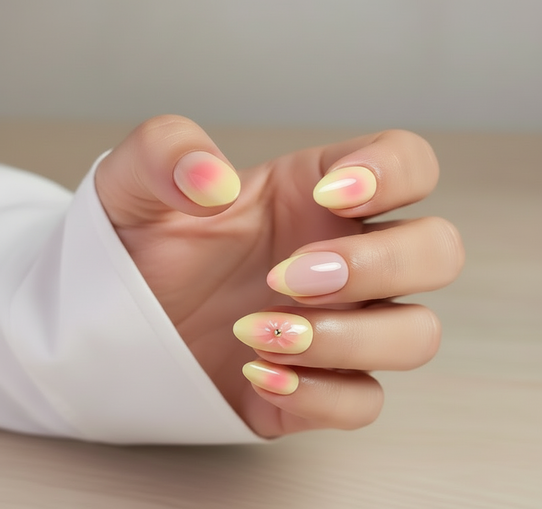 Hand with pastel pink and yellow Clawture Sunset Bloom press on nails on a neutral background
